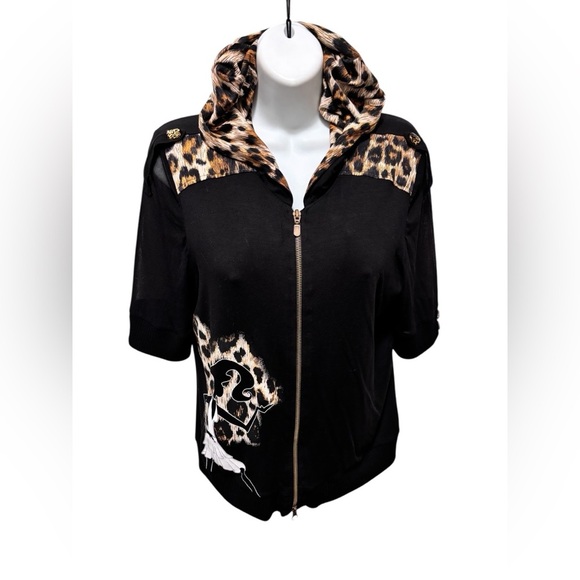 Joseph Ribkoff Black Leopard SS Hoodie Knit Top Jacket Sz 10 Sheer Sleeve Dressy - Picture 1 of 9